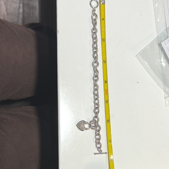 Sterling Silver 925 Diamond Heart Charm Rolo Link Toggle Bracelet Signed KRN - Picture 13 of 16